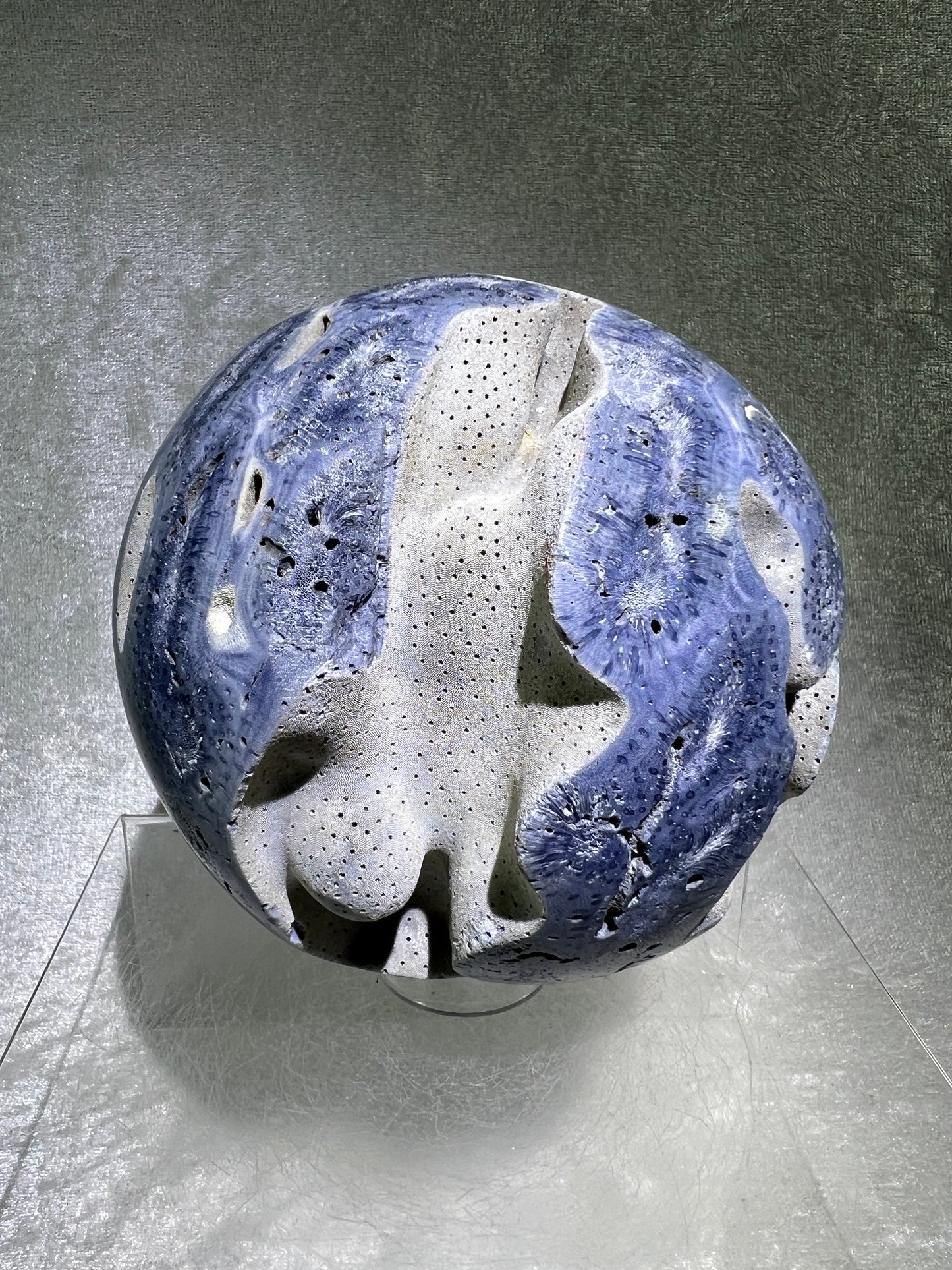 Blue Coral Sphere. Huge 108mm! Amazing Fossilized Heliopora Coerulea. Gorgeous Blue Ridge Coral Centerpiece Display Sphere