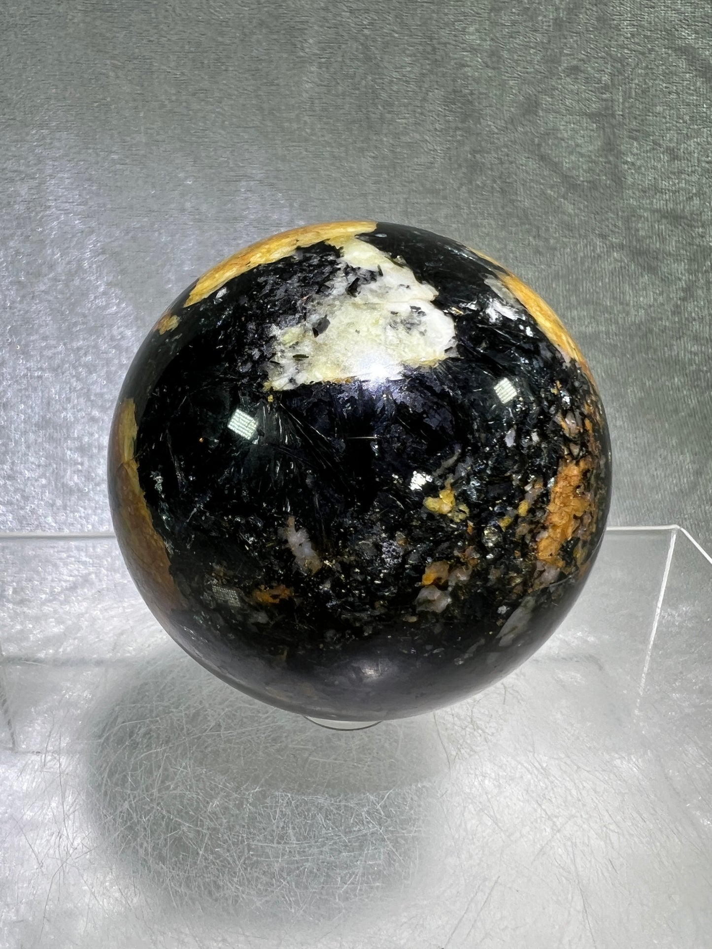 Yellow Tourmaline And Black Mica Sphere. 65mm. Rare New Discovery. Stunning And Flashy Display Sphere.