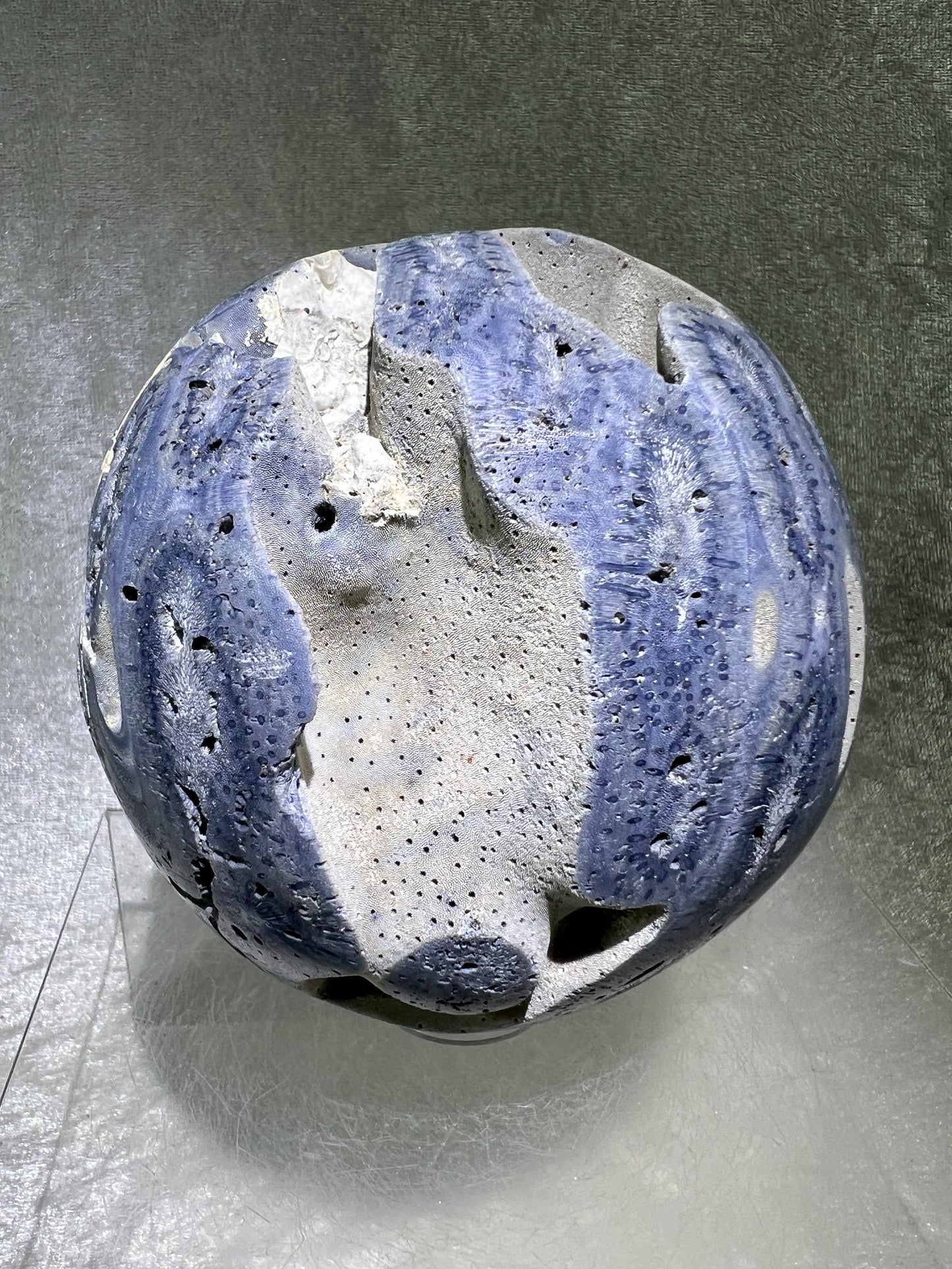 Blue Coral Sphere. Huge 108mm! Amazing Fossilized Heliopora Coerulea. Gorgeous Blue Ridge Coral Centerpiece Display Sphere