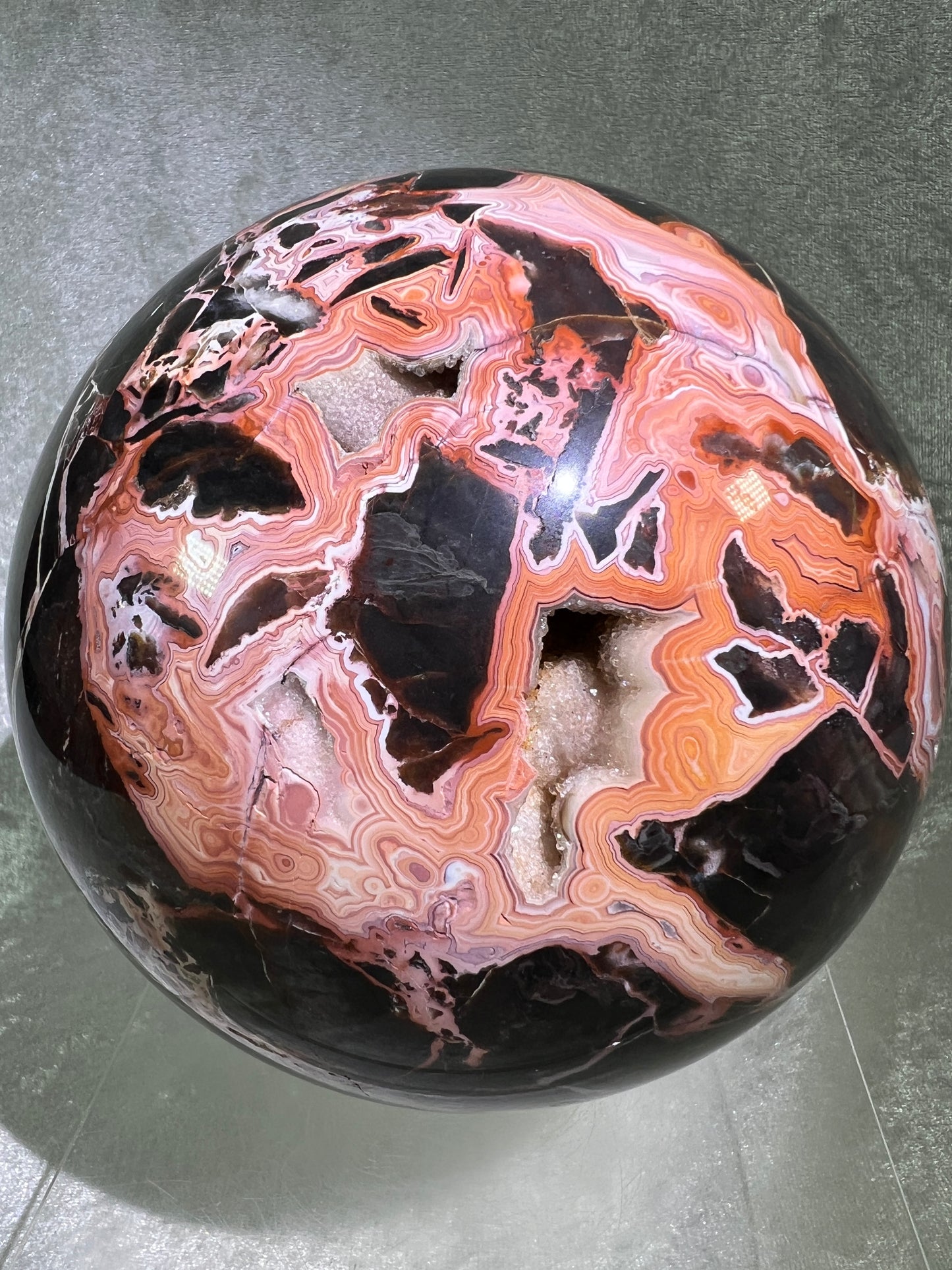 Laguna Agate Druzy Sphere. 153mm, 9.7 lbs. Massive Rare Display Sphere. Absolute Show Stopper, One Of A Kind!