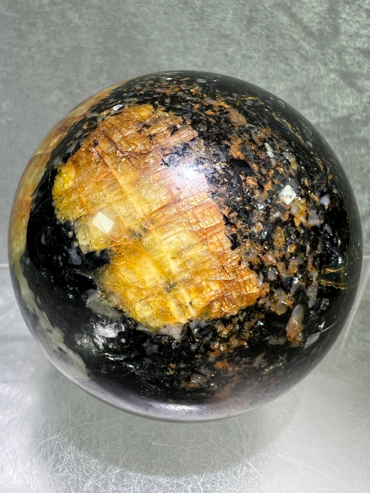 Yellow Tourmaline And Black Mica Sphere. 65mm. Rare New Discovery. Stunning And Flashy Display Sphere.