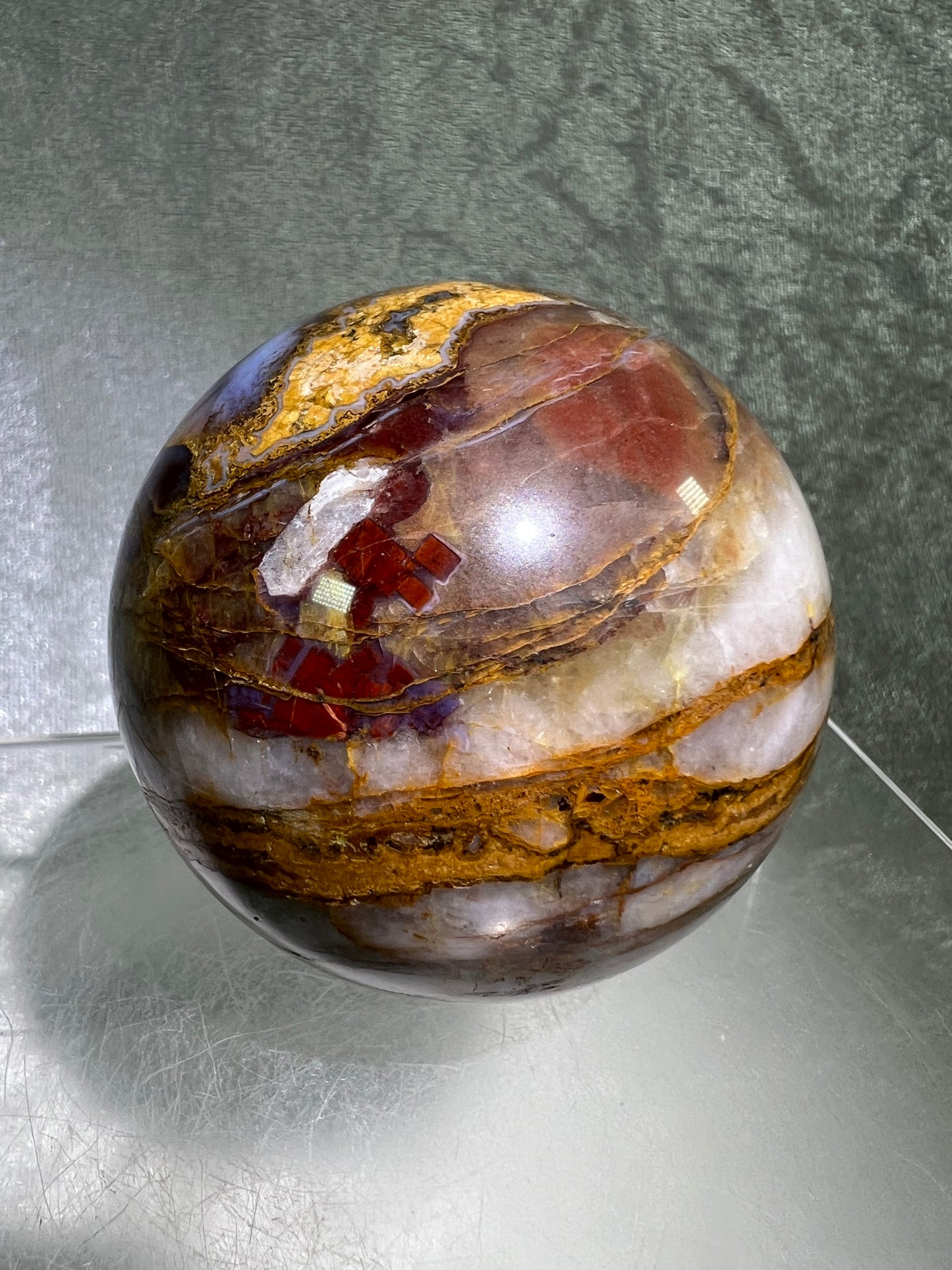 Pietersite Crystal Sphere. 67mm. Gorgeous Rare Red Pietersite Crystal. High Quality Flashy Display Sphere.