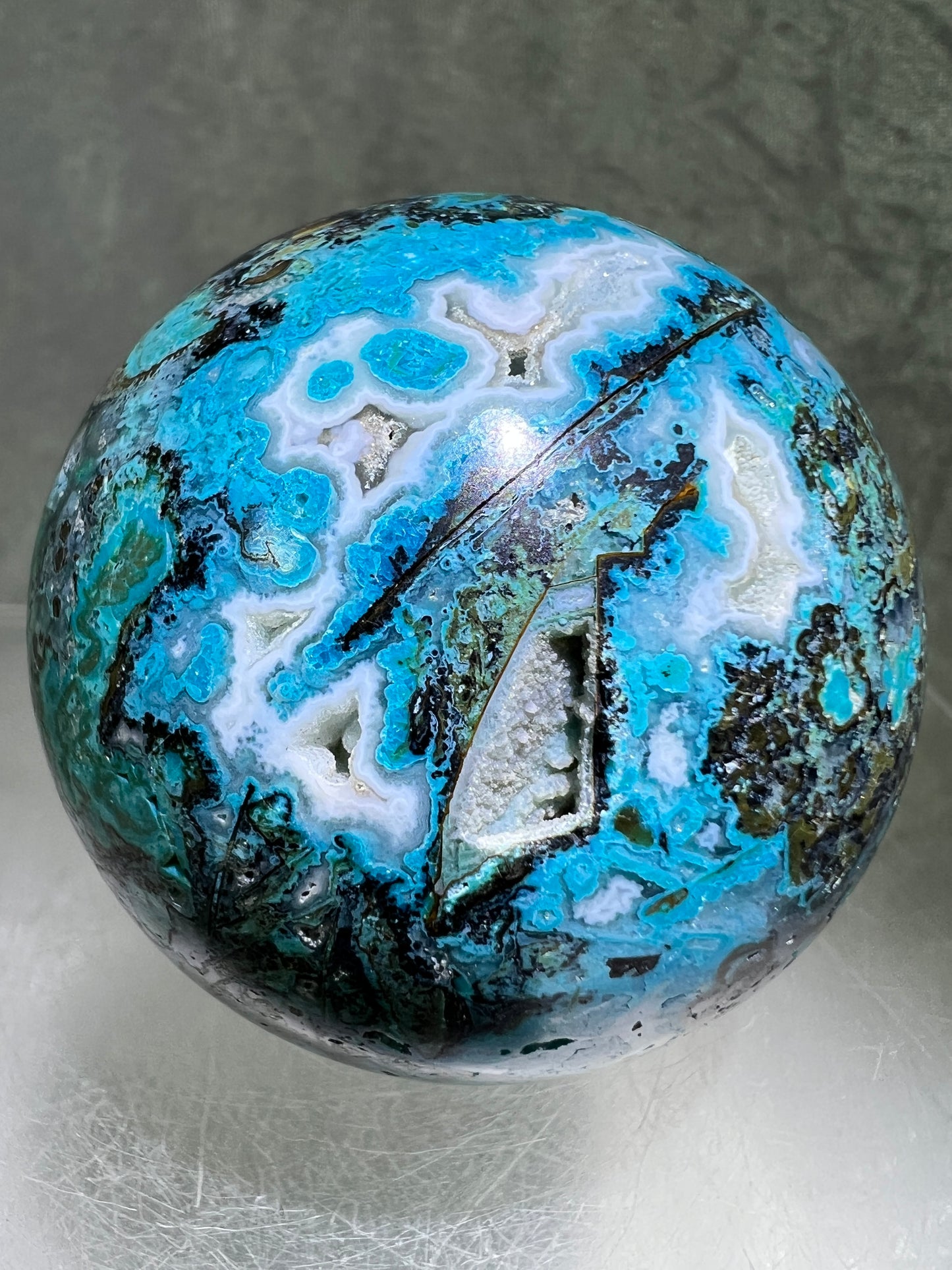 Chrysocolla Druzy Sphere. 56mm. Amazing Druzy With Bright Colors. Gorgeous Rare Display Sphere.