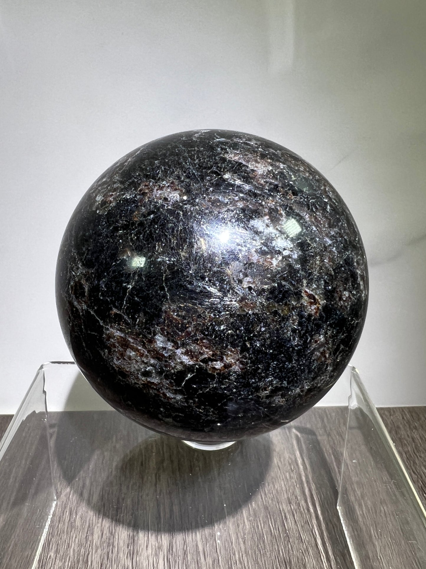 Arfvedsonite Crystal Sphere. 70mm. Flashy Blue Fireworks Jasper Sphere. Large Display Sphere With Great Flash