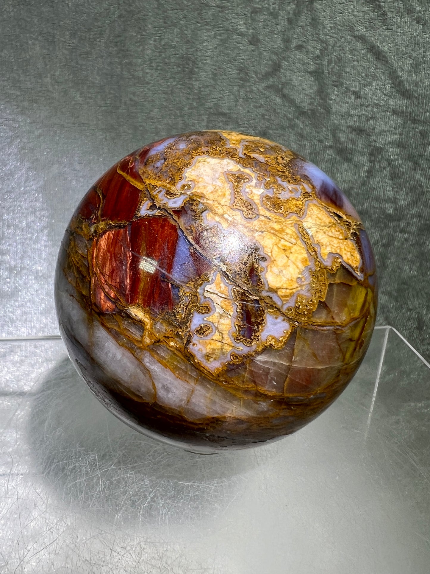 Pietersite Crystal Sphere. 67mm. Gorgeous Rare Red Pietersite Crystal. High Quality Flashy Display Sphere.