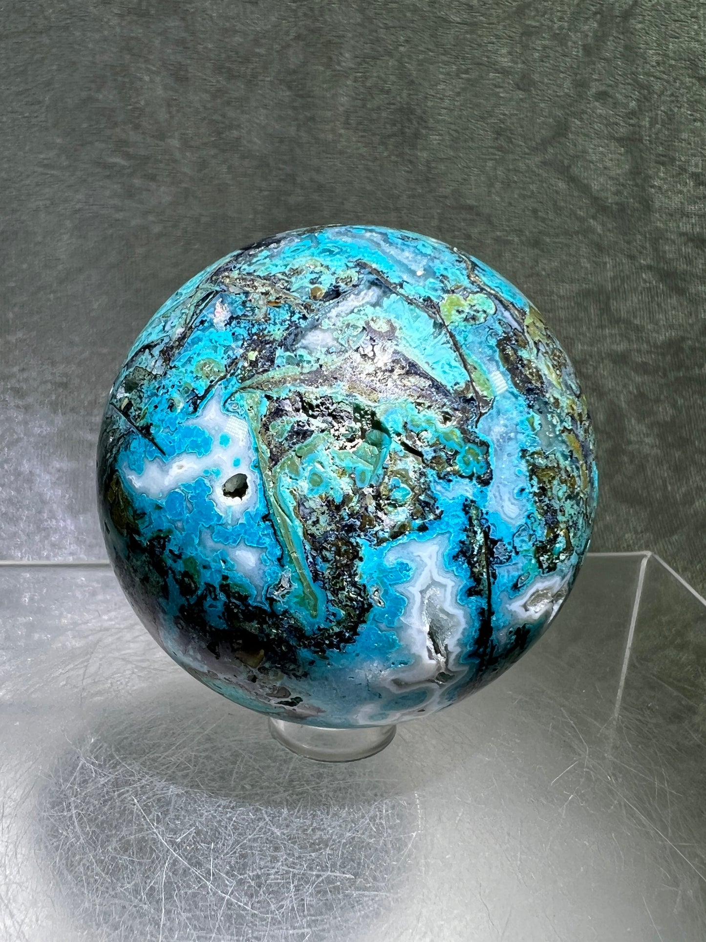 Chrysocolla Druzy Sphere. 56mm. Amazing Druzy With Bright Colors. Gorgeous Rare Display Sphere.