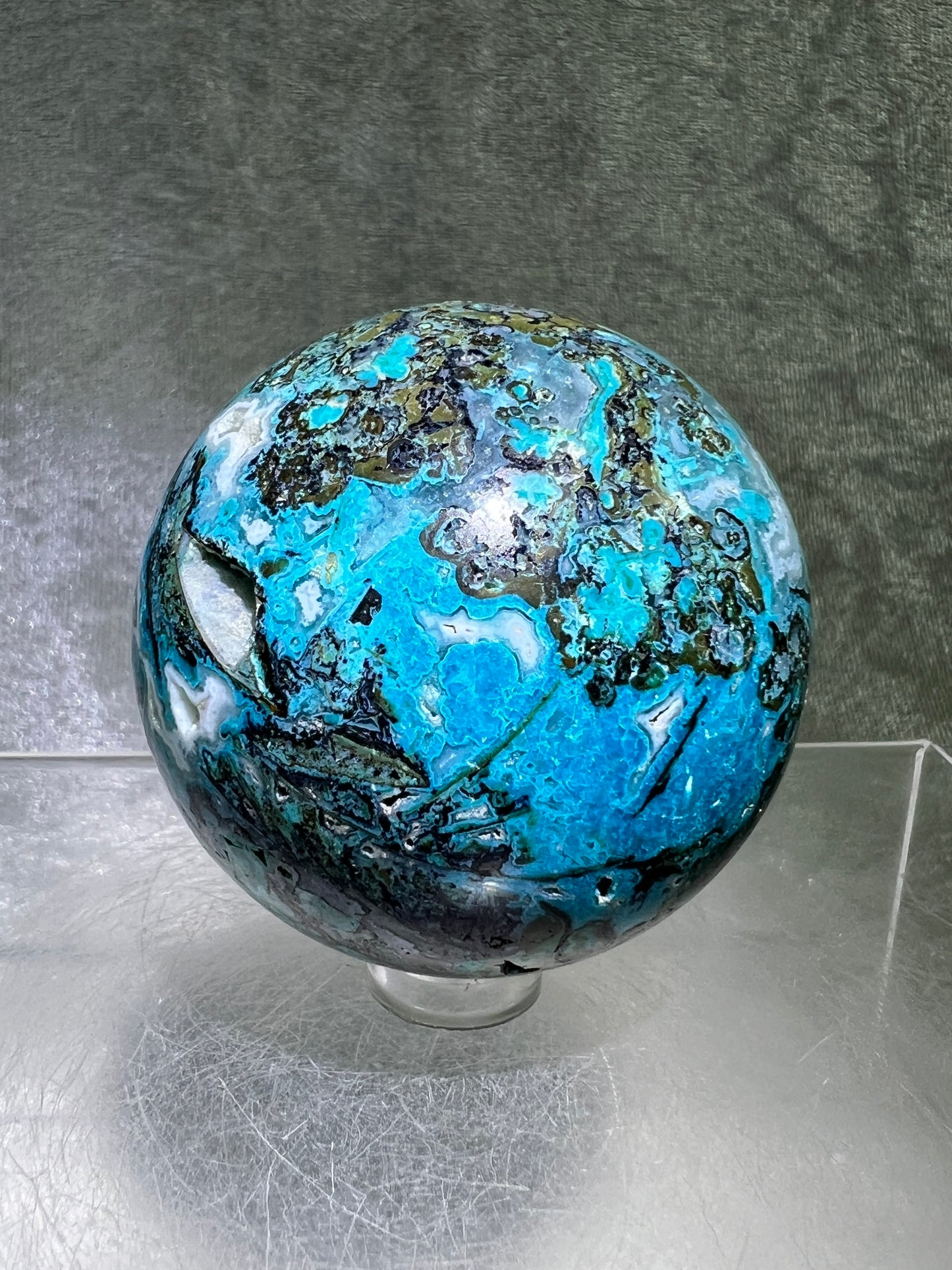 Chrysocolla Druzy Sphere. 56mm. Amazing Druzy With Bright Colors. Gorgeous Rare Display Sphere.