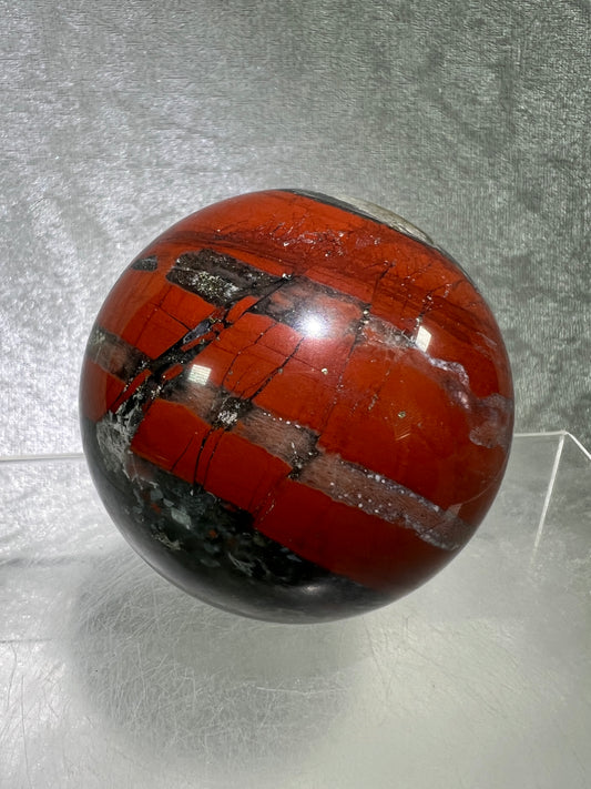 African Bloodstone Sphere From Swaziland. 63mm. Gorgeous Pyrite And Red Jasper Inclusions With Crazy Mosaic Patterns And Colors.