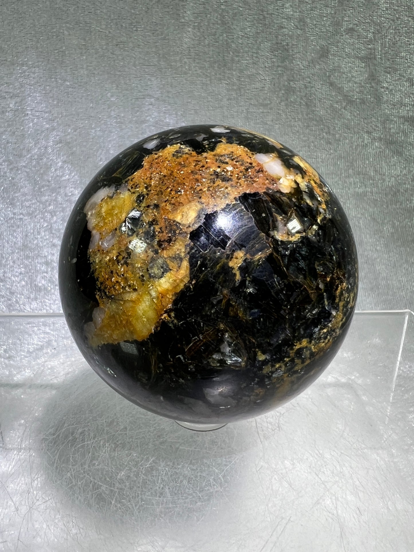 Yellow Tourmaline And Black Mica Sphere. 65mm. Rare New Discovery. Stunning And Flashy Display Sphere.