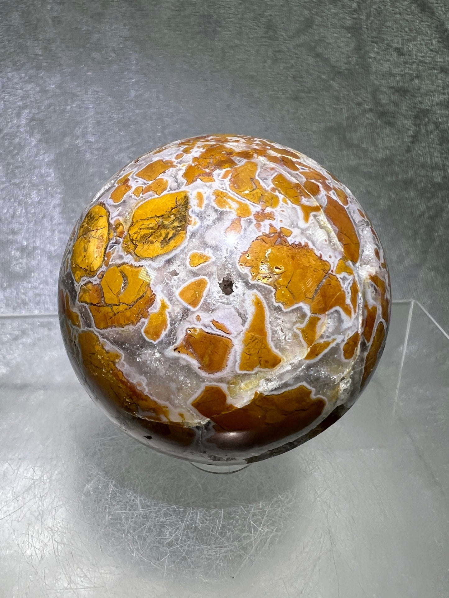 Indonesian East Java Plume Agate Sphere. 59mm. Very Rare Display Sphere. Amazing Druzy, Colors, And Patterns