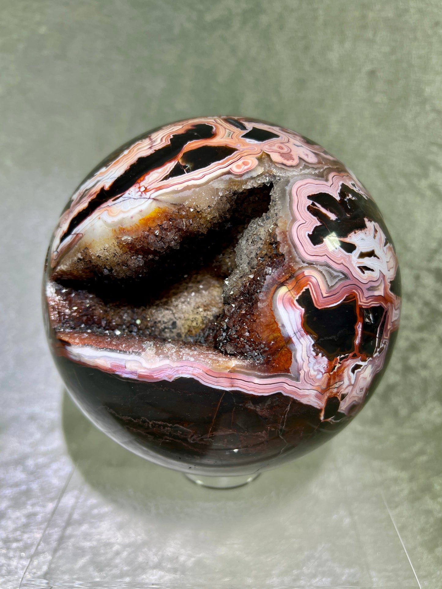 Laguna Agate Druzy Sphere. 153mm, 9.7 lbs. Massive Rare Display Sphere. Absolute Show Stopper, One Of A Kind!