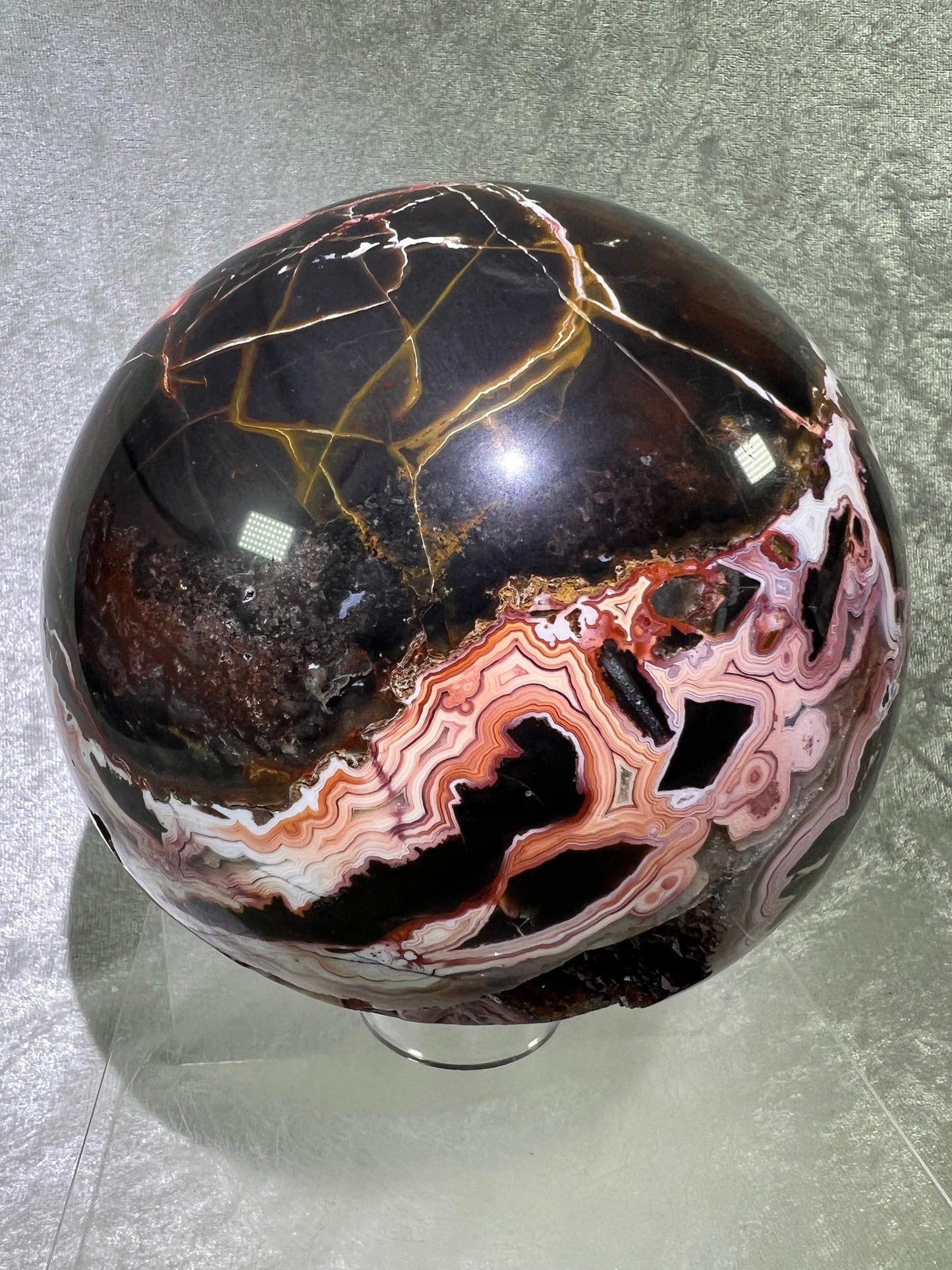 Laguna Agate Druzy Sphere. 153mm, 9.7 lbs. Massive Rare Display Sphere. Absolute Show Stopper, One Of A Kind!
