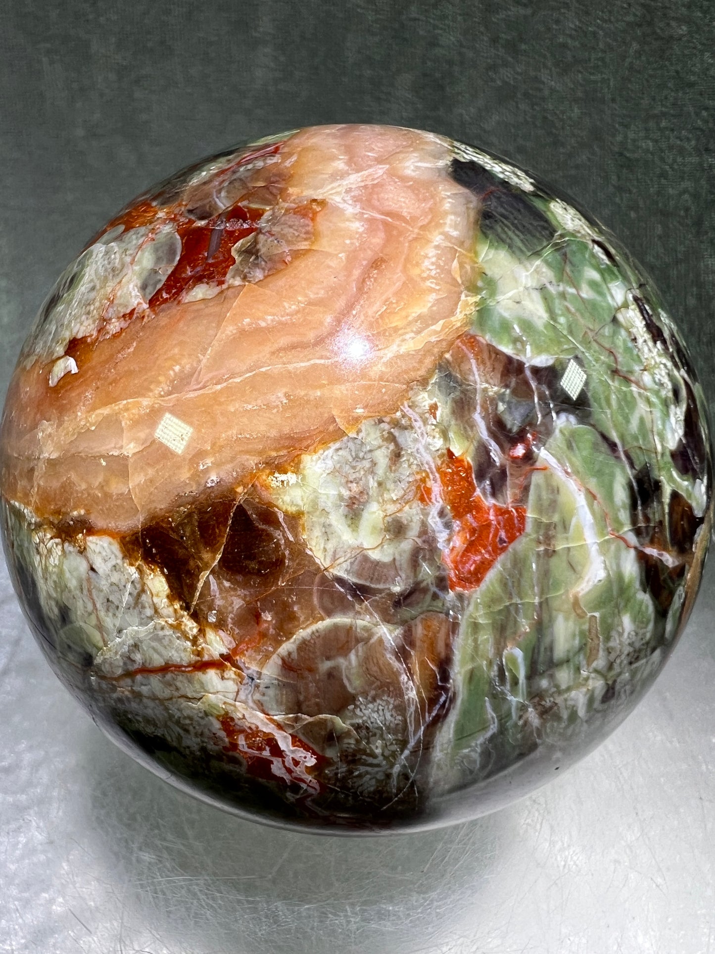 Money Agate Crystal Sphere. 78mm. Very Rare Shades Of Green. Stunning Indonesian Bloodstone. Amazing Colors And Patterns