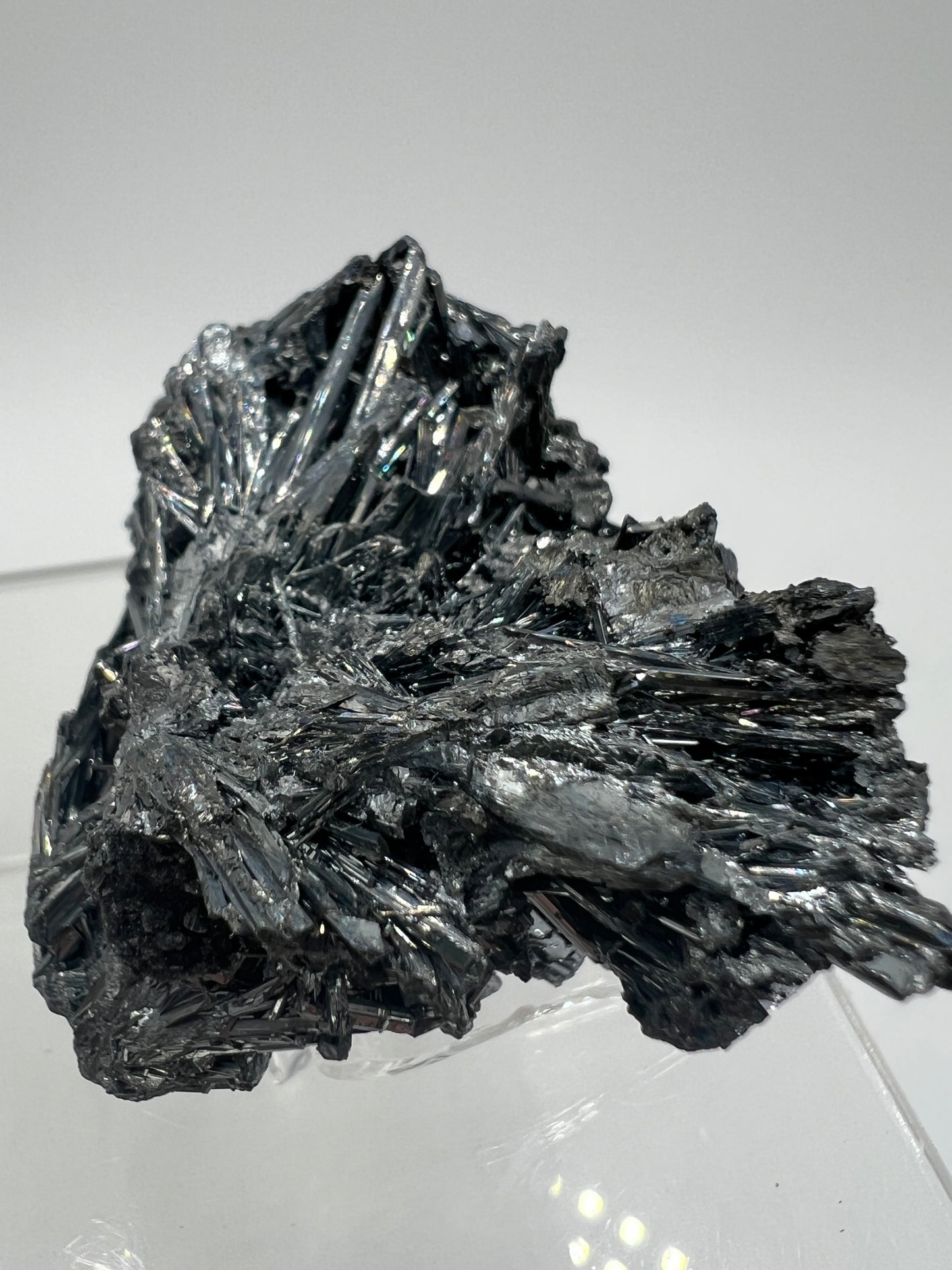 Stibnite Antimonite Specimen. Very Rare And Stunning Iridescent Crystal Cluster. Amazing Flashy Mineral Display