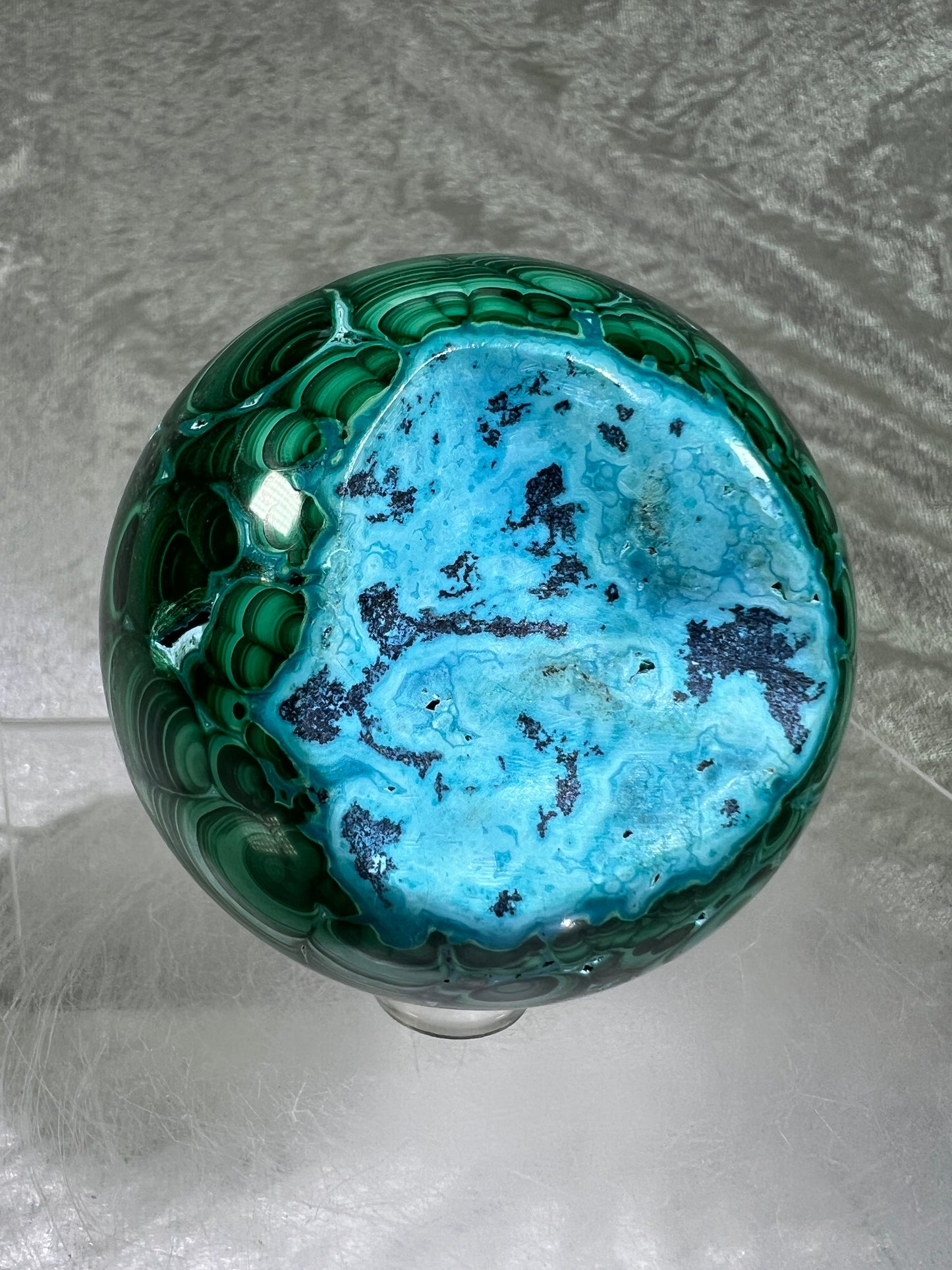 Malachite And Druzy Chrysocolla Sphere. 69mm. Gorgeous Rare Collectors Piece. Amazing Patterns With Vibrant Colors.