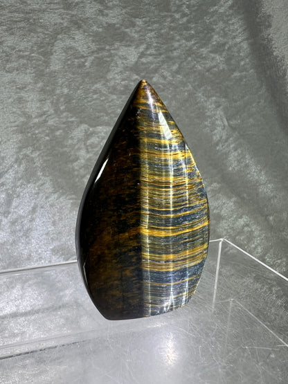 Blue Tigers Eye Crystal Flame. Gorgeous Hawks Eye Freeform Flame.