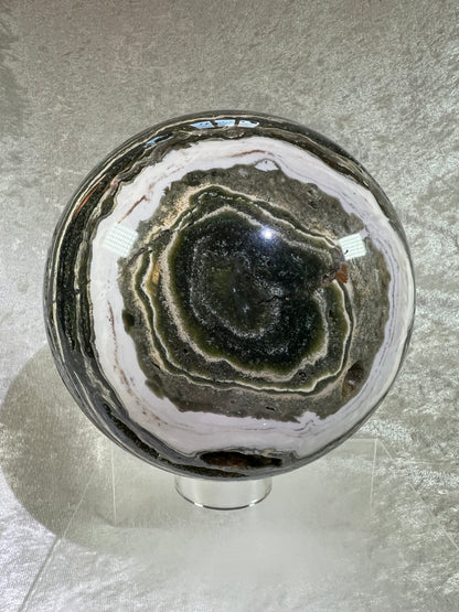 Ocean Jasper Sphere. XL Druzy Display Sphere. 147mm, 9.4 lbs. Gorgeous Colors With Stunning Druzy. Showstopper!