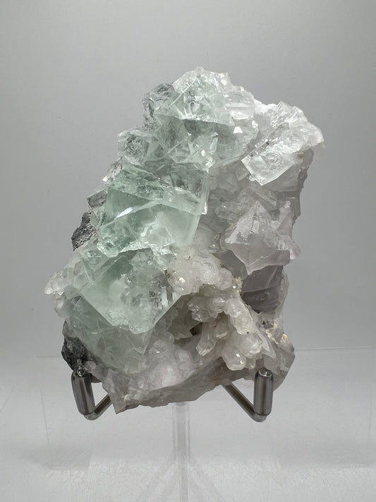 Fluorite And Quartz Mineral Specimen. Stunning Light Green Fluorite Cubes On A Quartz Matrix.