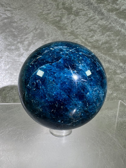 Blue Apatite Crystal Sphere. 58mm. Gorgeous Deep Blue With Lots Of Iridescent Flash. High Quality Display Sphere