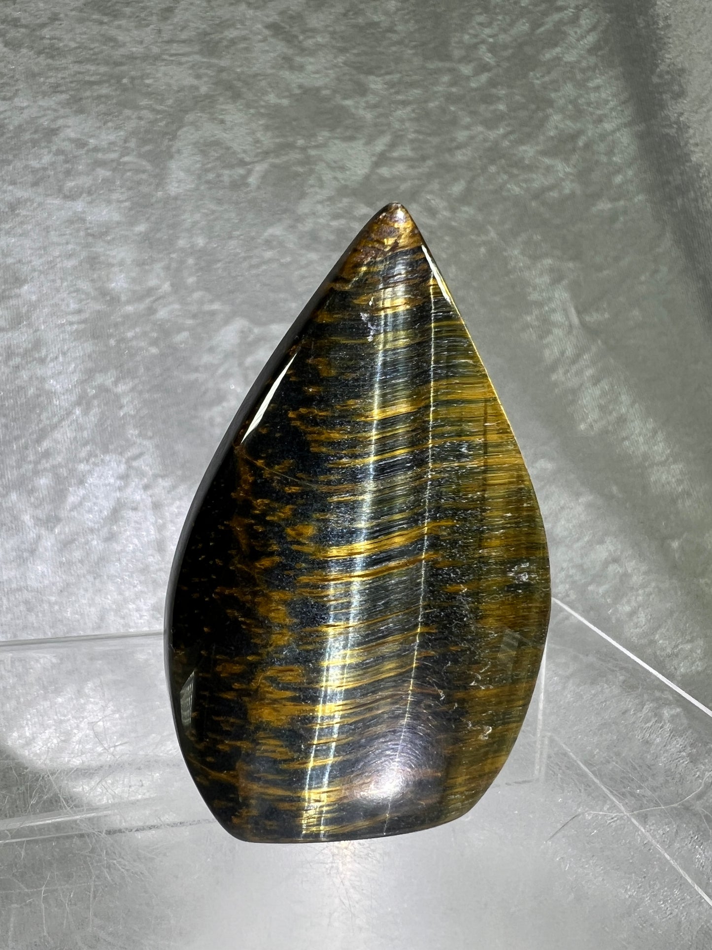 Blue Tigers Eye Crystal Flame. Gorgeous Hawks Eye Freeform Flame.