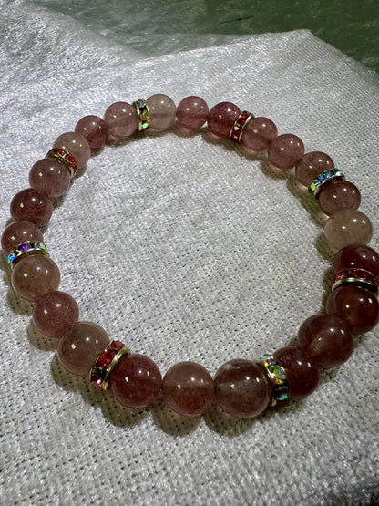 Strawberry Quartz Crystal Bead Bracelet. Gorgeous Rare Quartz. 8mm. Two Different Styles Of Spacers