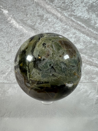 Volcano Agate With Mangano Calcite Sphere. 65mm. Stunning Green And Orange UV Reaction. Amazing High Quality Display Sphere.