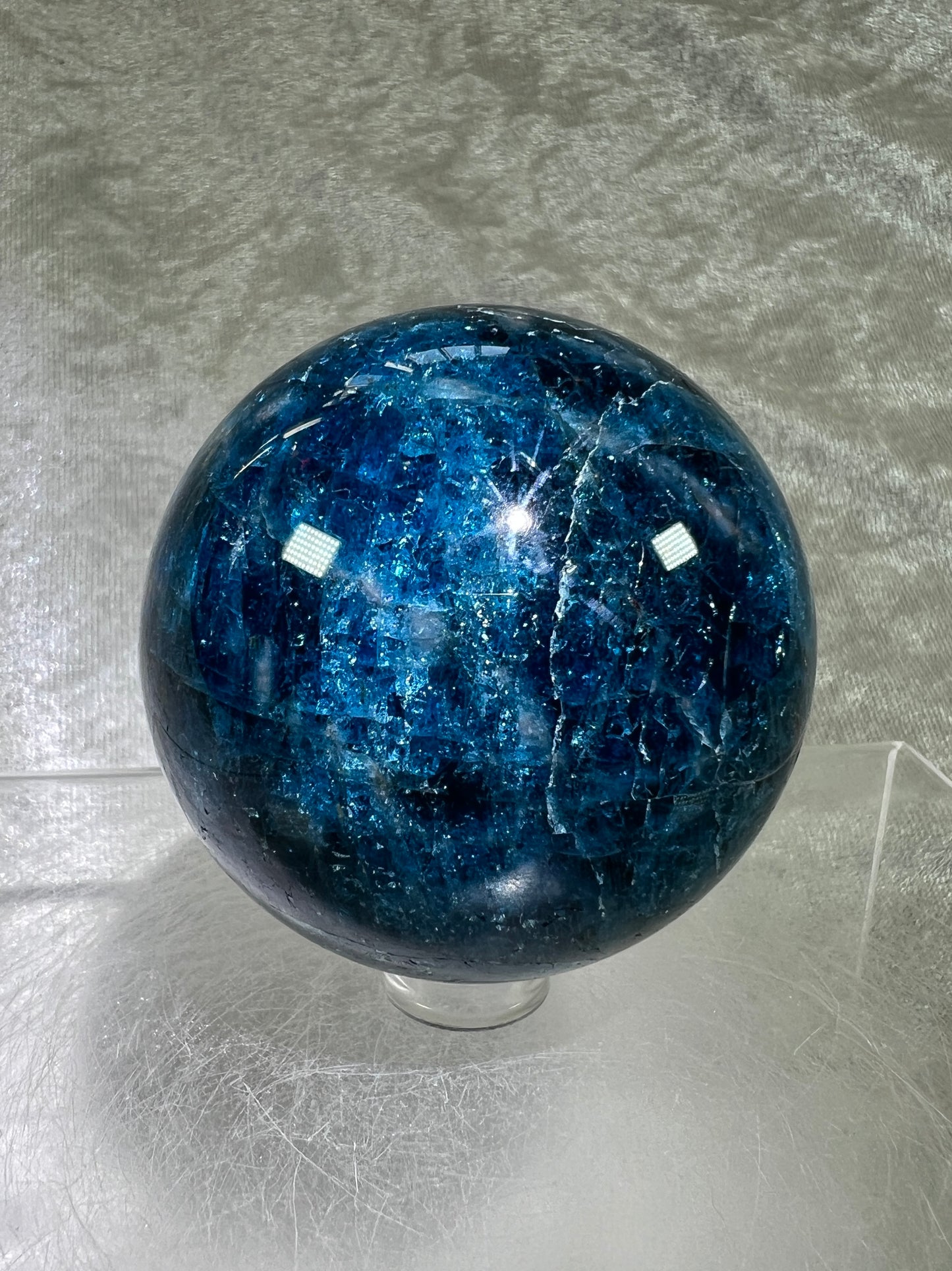 Blue Apatite Crystal Sphere. 58mm. Gorgeous Deep Blue With Lots Of Iridescent Flash. High Quality Display Sphere