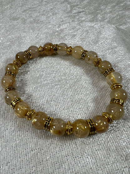 Rutile Quartz Crystal Bead Bracelet. Beautiful Rutilated Quartz Bracelet. 9.5mm. Two Different Styles Of Spacers.