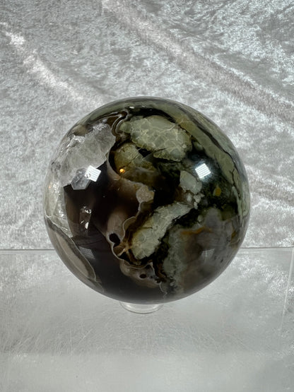 Volcano Agate With Mangano Calcite Sphere. 65mm. Stunning Green And Orange UV Reaction. Amazing High Quality Display Sphere.