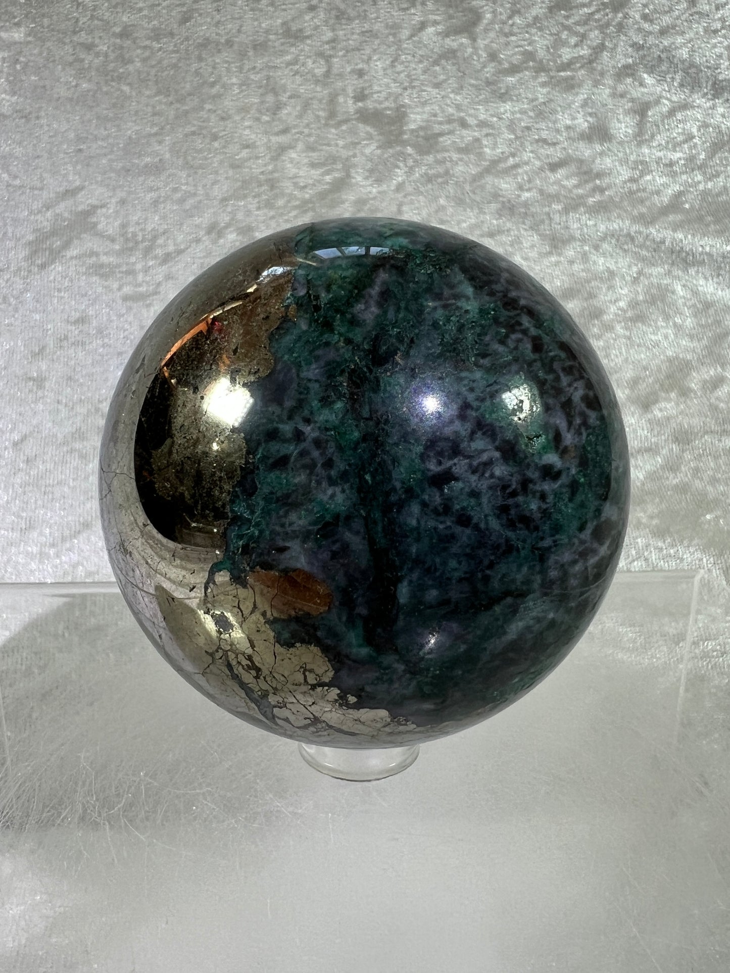 Atacamite And Pyrite Sphere. 64mm. High Quality Rare Sphere. Gorgeous Color Combination.