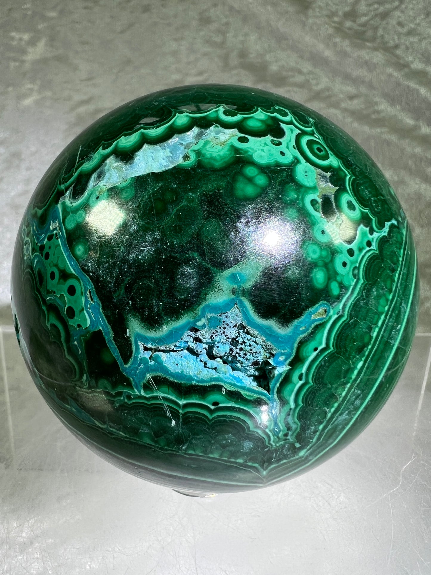 Malachite And Druzy Chrysocolla Sphere. 69mm. Gorgeous Rare Collectors Piece. Amazing Patterns With Vibrant Colors.