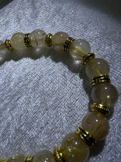 Rutile Quartz Crystal Bead Bracelet. Beautiful Rutilated Quartz Bracelet. 9.5mm. Two Different Styles Of Spacers.