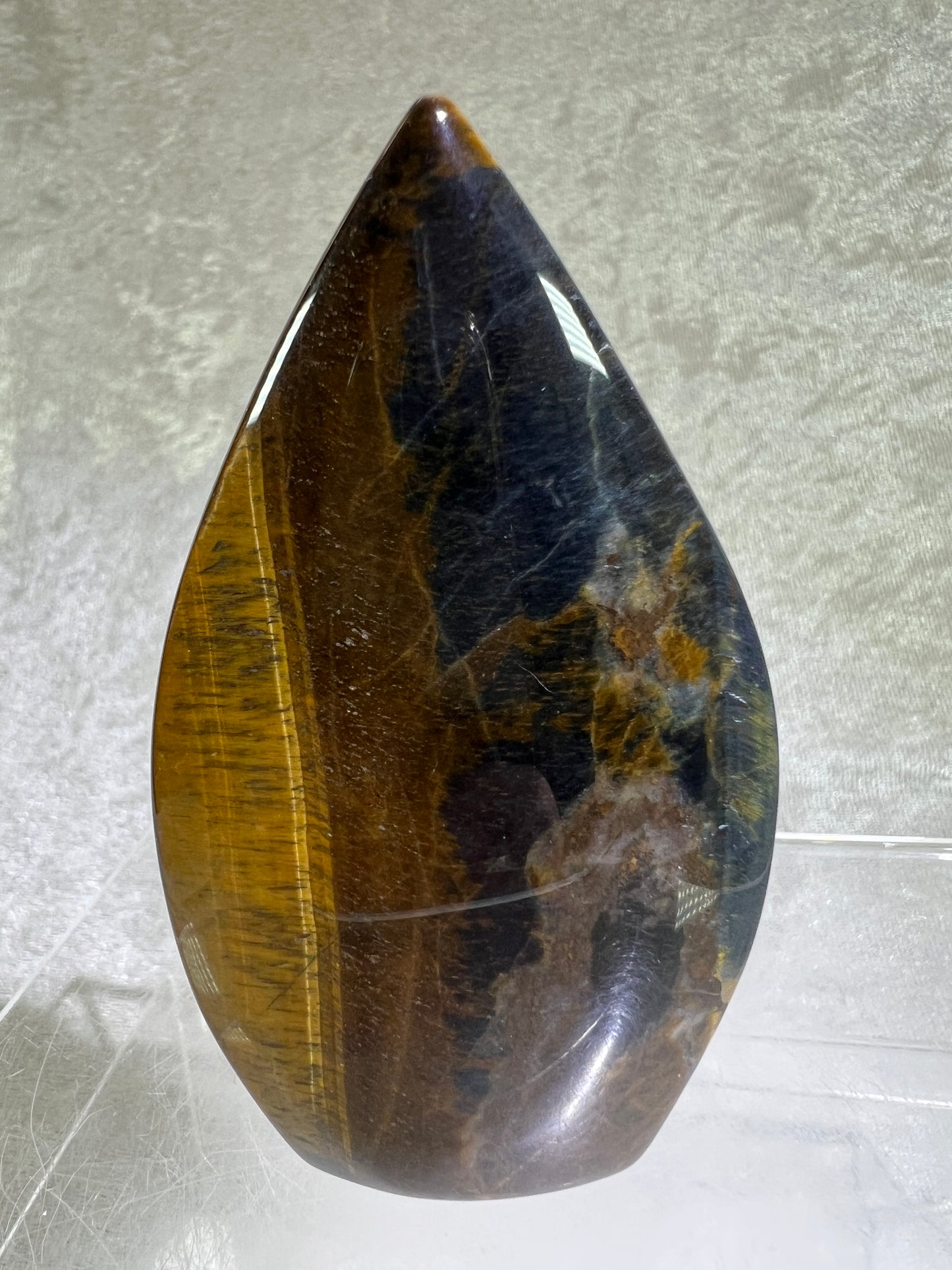 Blue Tigers Eye Crystal Flame. Gorgeous Hawks Eye Freeform Flame.