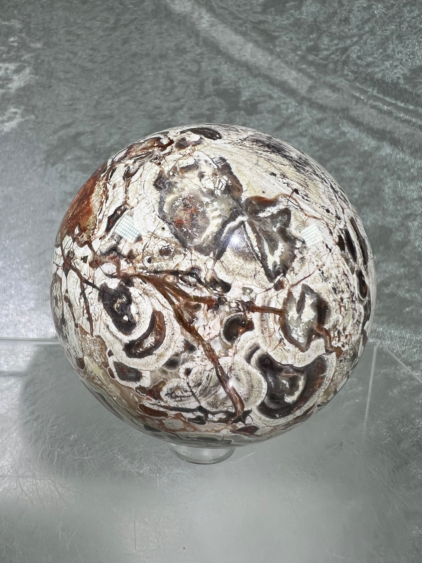 Money Agate Crystal Sphere. 69mm. Stunning Indonesian Bloodstone. Amazing Colors And Patterns