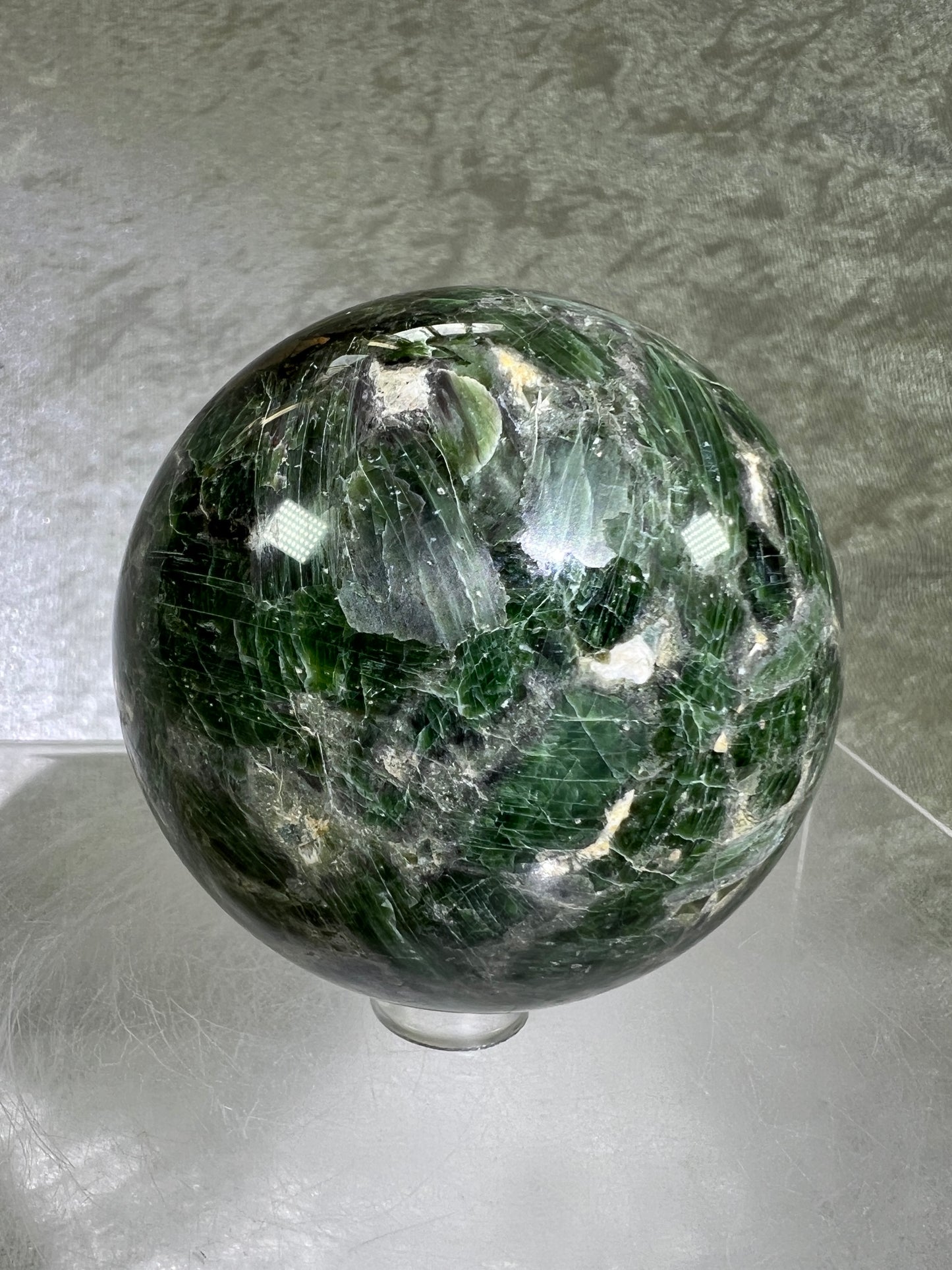 Diopside Crystal Sphere. 67mm. Very High Quality Display Sphere. Gorgeous Colors With Lots Of Beautiful Flash