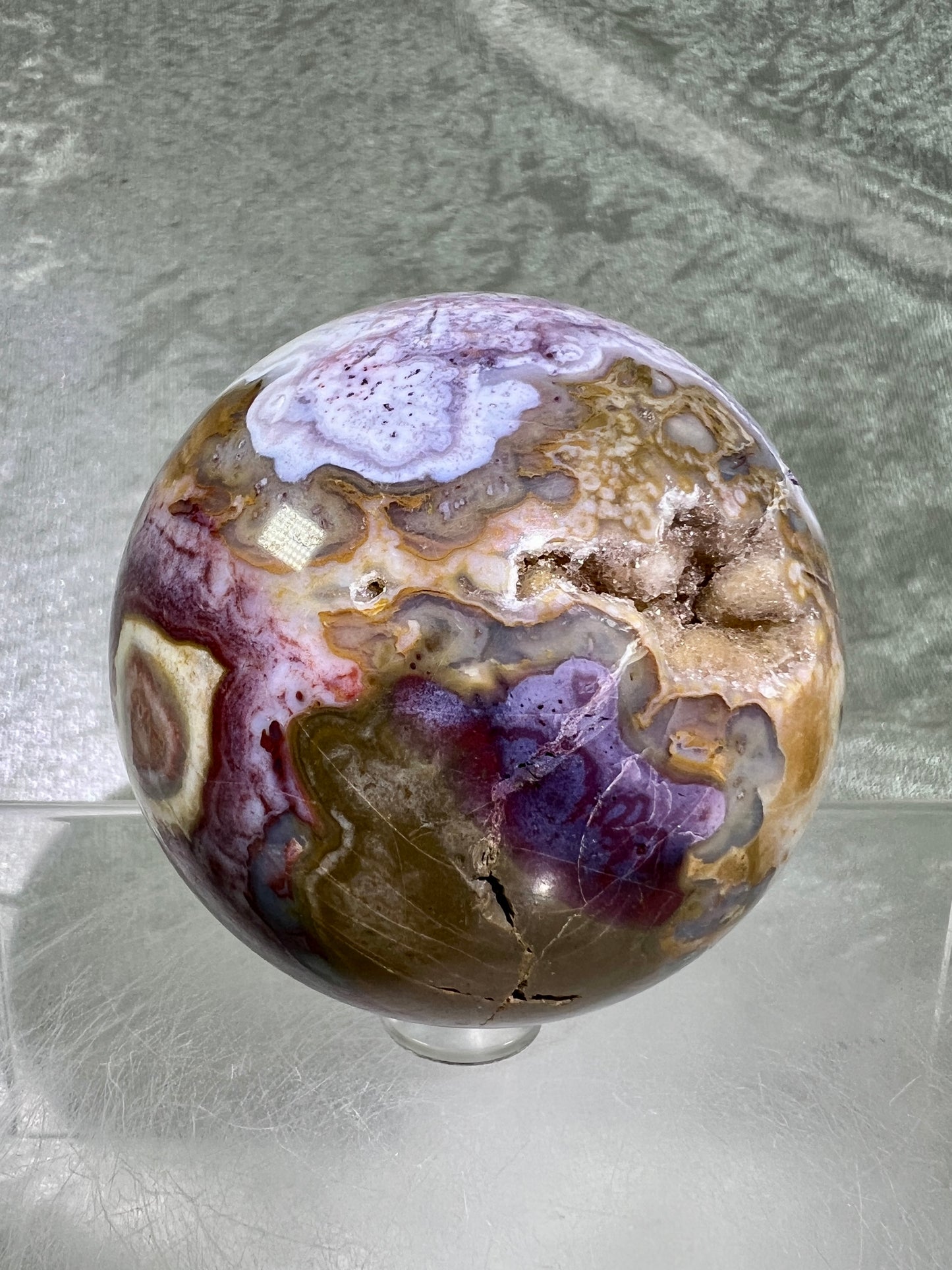 Mexican Crazy Lace Agate Sphere. Very Rare Purples And Gorgeous Sugar Druzy.