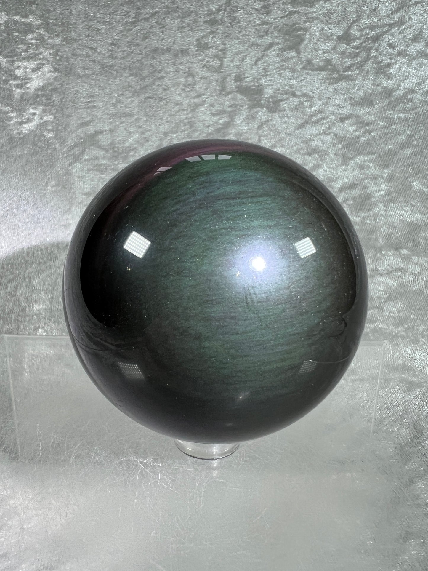 Rainbow Obsidian Sphere. 66mm. Beautiful Purple And Green Rainbow Flash. Rare And Stunning Display Sphere