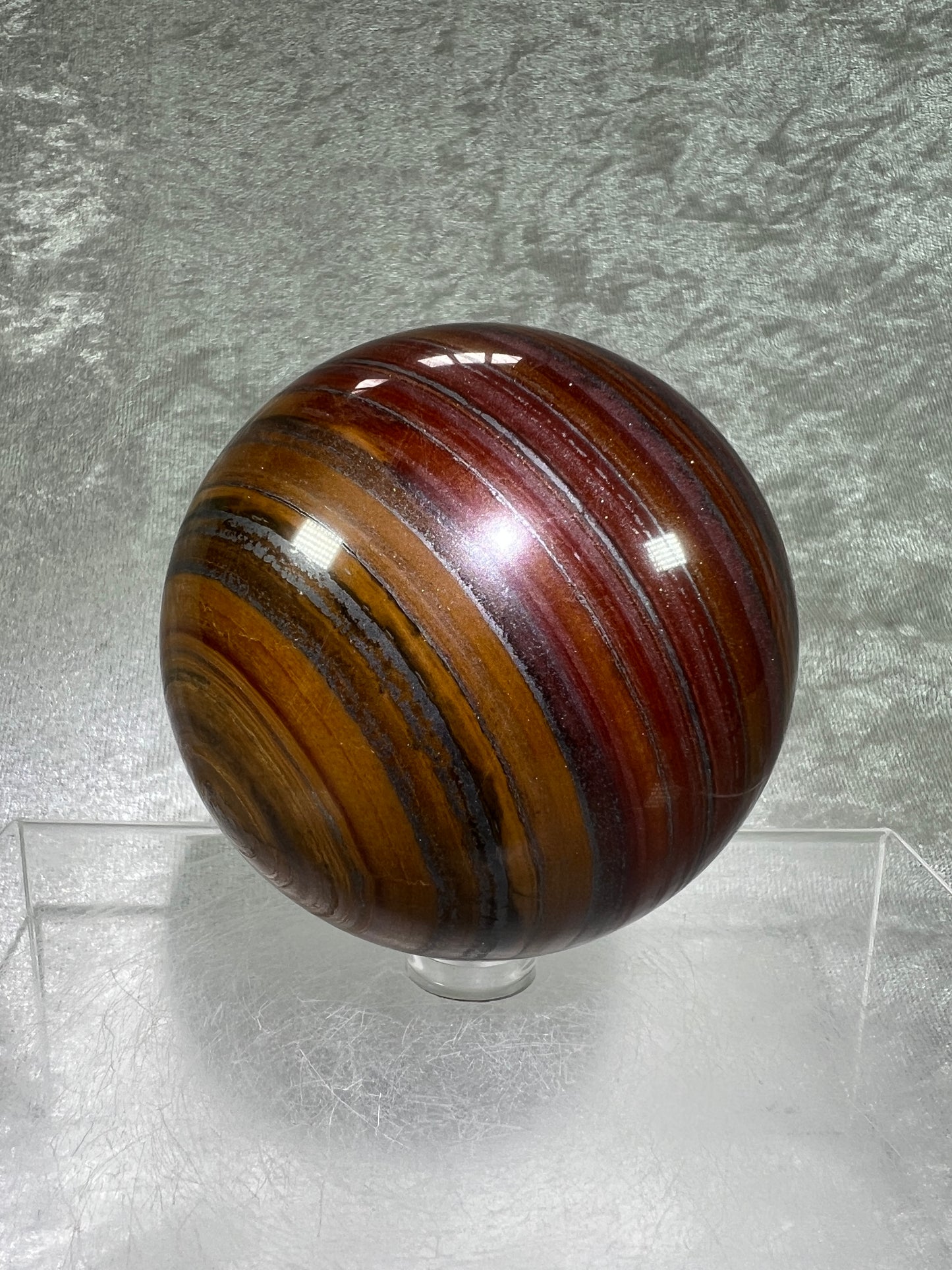 Tiger Iron Crystal Sphere. 72mm. Rare High Quality Display Sphere With Amazing Flash.