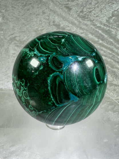 Malachite And Druzy Chrysocolla Sphere. 69mm. Gorgeous Rare Collectors Piece. Amazing Patterns With Vibrant Colors.