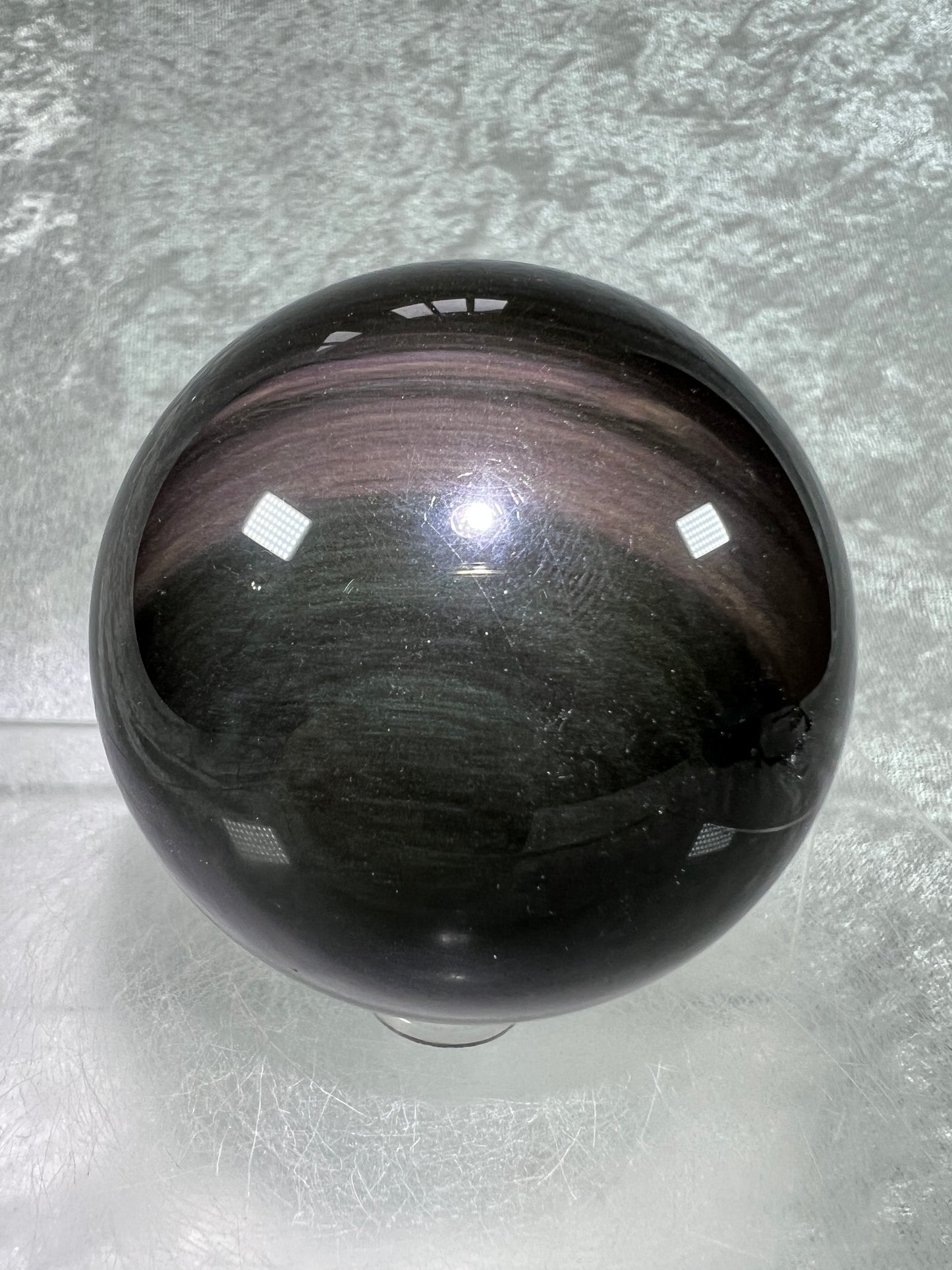 Rainbow Obsidian Sphere. 66mm. Beautiful Purple And Green Rainbow Flash. Rare And Stunning Display Sphere