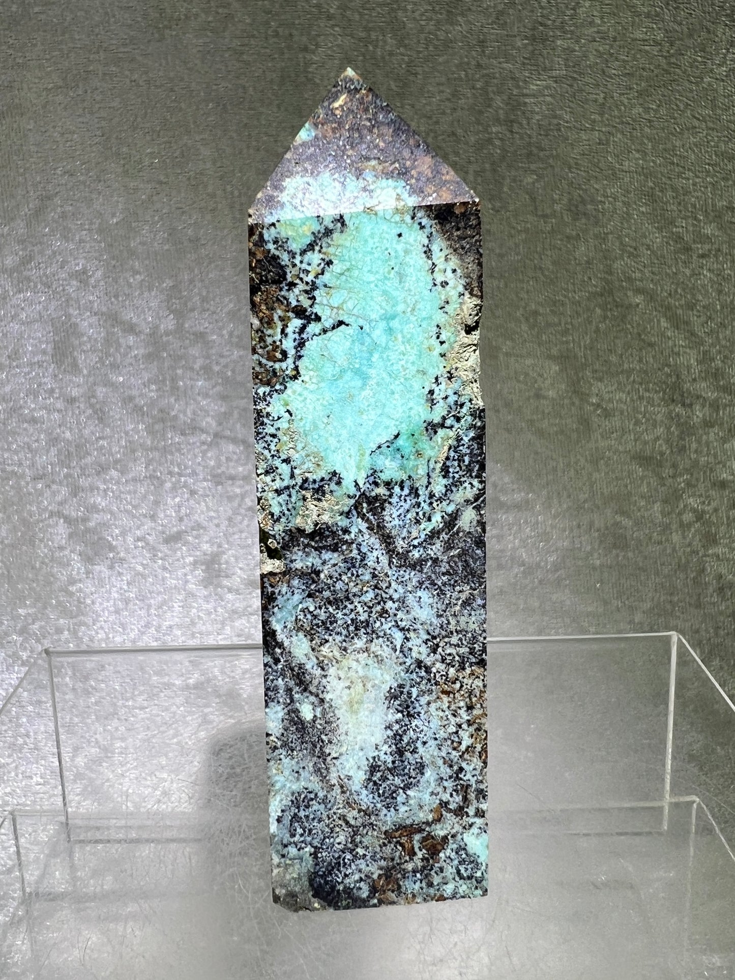 Azurite, Chrysocolla, And Malachite Druzy Tower. Rare And Beautiful Crystal Point.