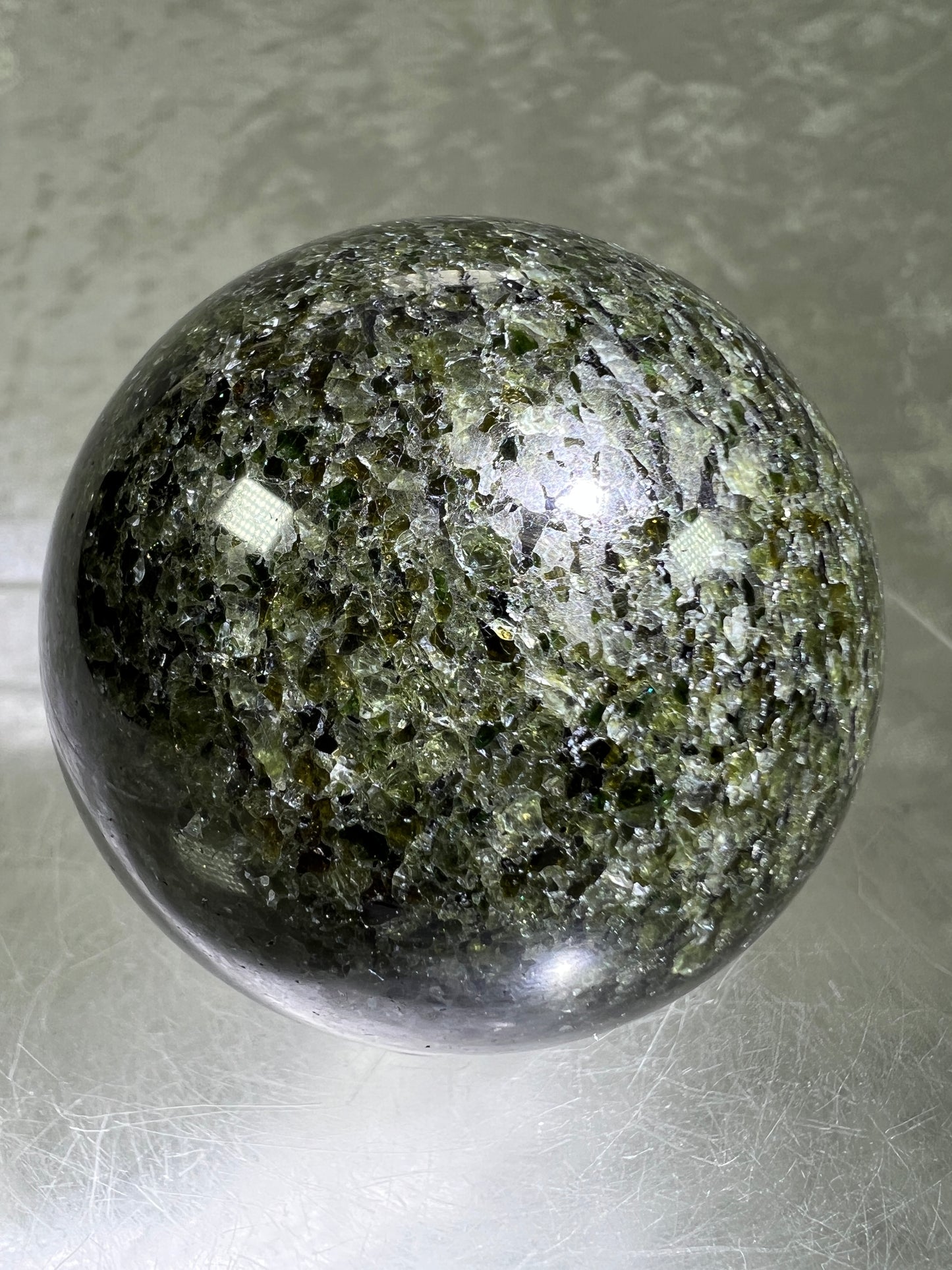 Peridot Olivine Sphere. Rare Peridot In Matrix Sphere. Gorgeous Green Gem Flash