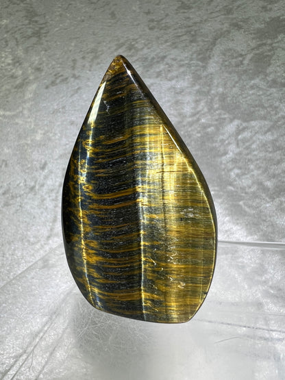 Blue Tigers Eye Crystal Flame. Gorgeous Hawks Eye Freeform Flame.