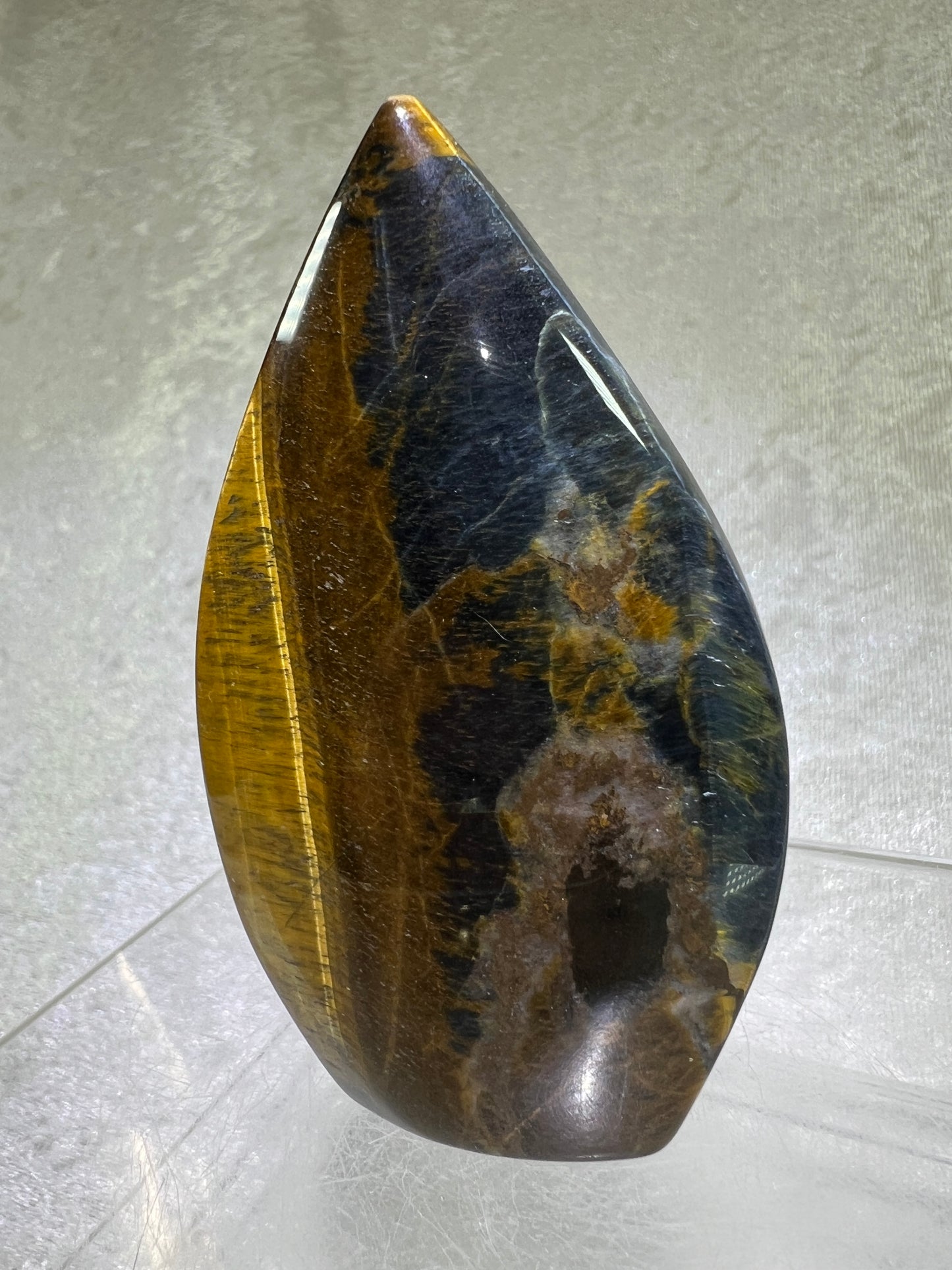 Blue Tigers Eye Crystal Flame. Gorgeous Hawks Eye Freeform Flame.