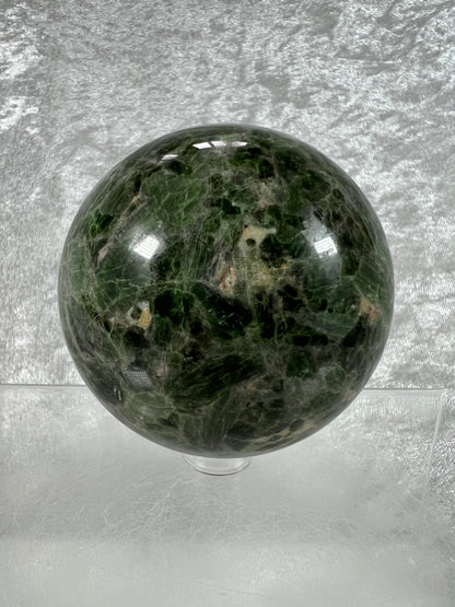 Diopside Crystal Sphere. 69mm. Very Rare And High Quality Display Sphere. Lots Of Beautiful Flash