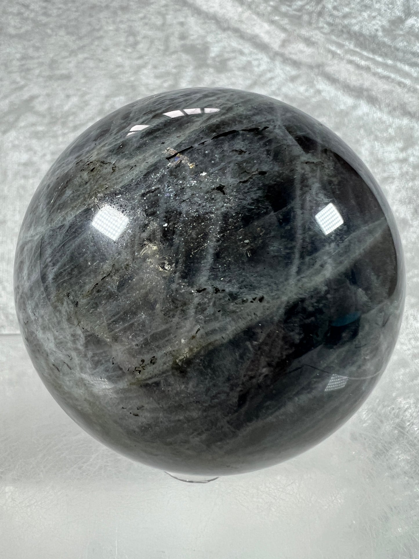 Labradorite Crystal Sphere. 66mm. Very Rare Rainbow Flash With Purple, Pink, Yellow, Orange, And Blue. Amazing Sphere!