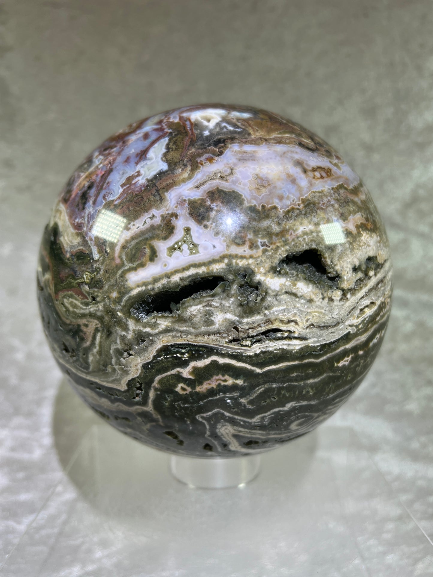 Ocean Jasper Sphere. XL Druzy Display Sphere. 147mm, 9.4 lbs. Gorgeous Colors With Stunning Druzy. Showstopper!