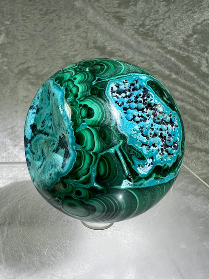 Malachite And Druzy Chrysocolla Sphere. 69mm. Gorgeous Rare Collectors Piece. Amazing Patterns With Vibrant Colors.