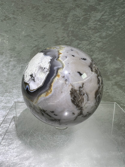 Volcano Agate With Mangano Calcite Sphere. 78mm. Rare Sphere With Intense UV Reaction.