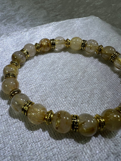 Rutile Quartz Crystal Bead Bracelet. Beautiful Rutilated Quartz Bracelet. 9.5mm. Two Different Styles Of Spacers.